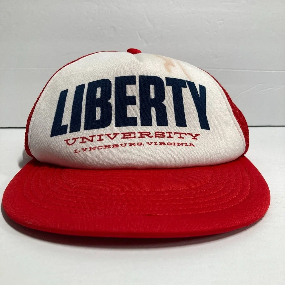 Vintage Liberty University Trucker Cap‎ Hat White Red Mesh Snapback  STAIN